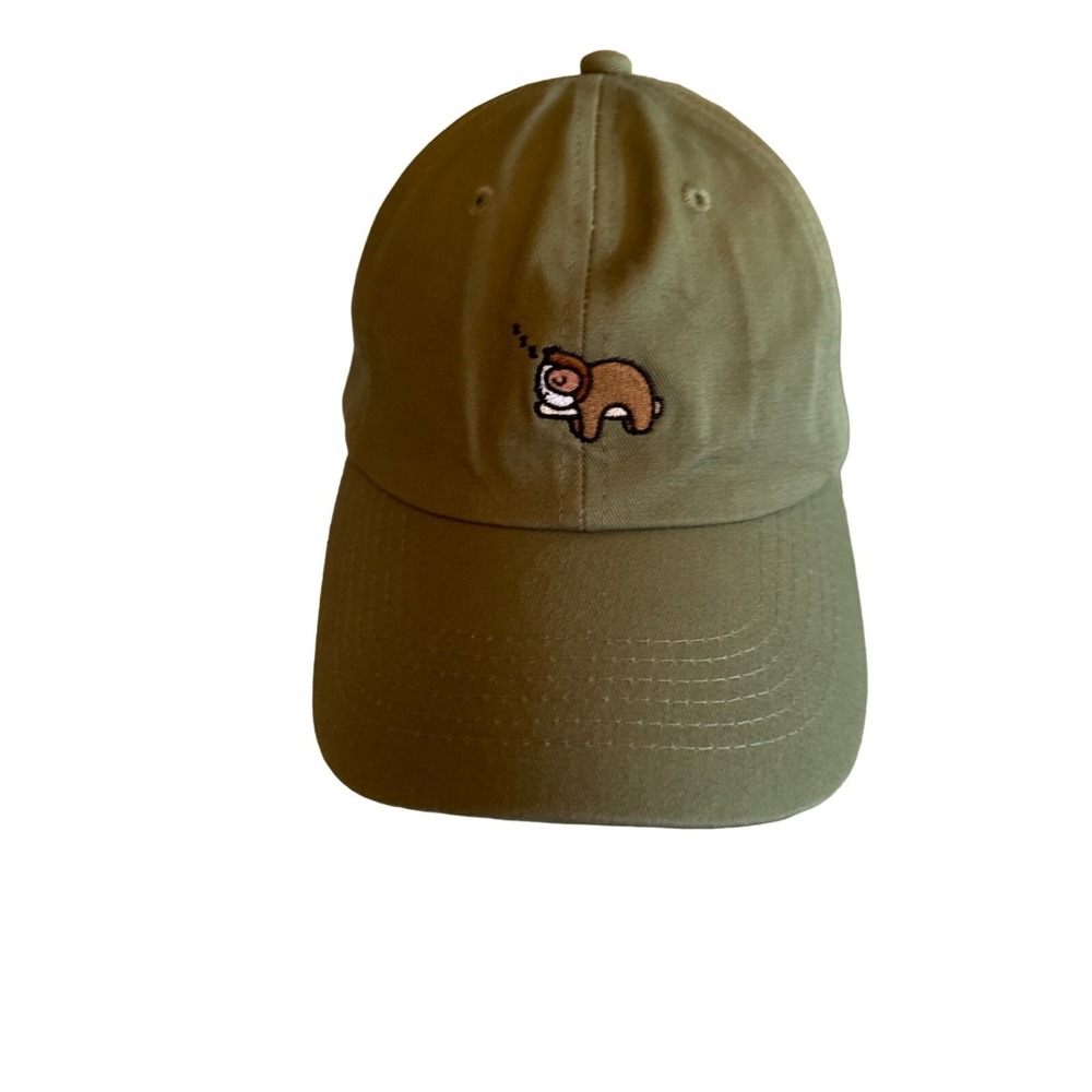 Olive Green Baseball Cap With Embroidered Sloth Design & Adjustable Strap